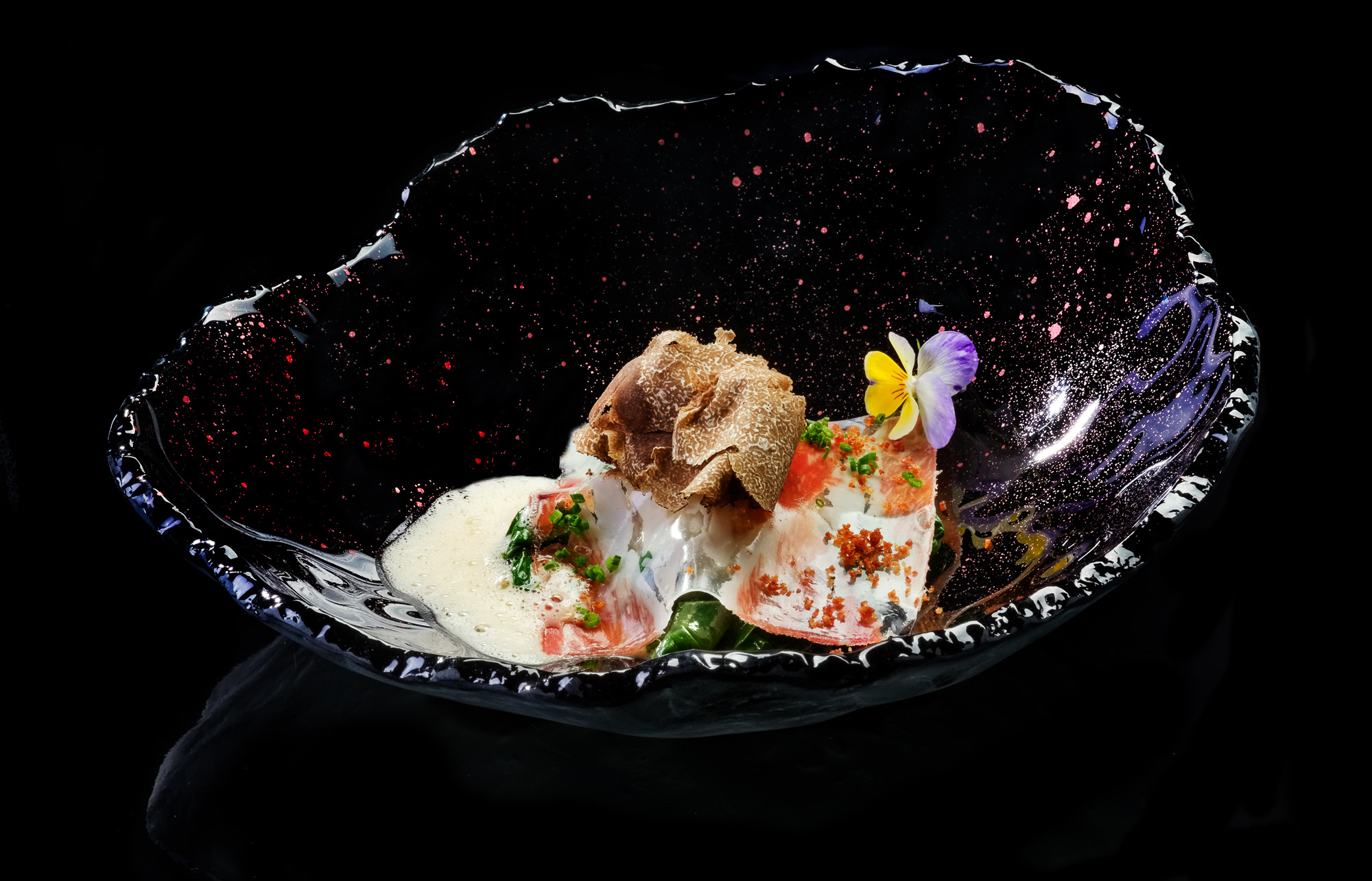 Ravioli de mascarpone marinado con jamón Joselito y jugo de jamón espesado