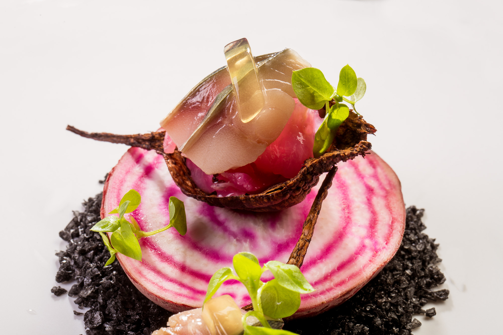 Remolacha y tiras de caballa con jalea de jugo de jamón Joselito